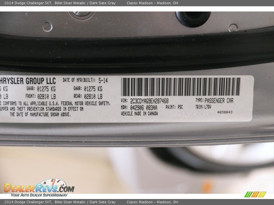 2014 Dodge Challenger SXT Billet Silver Metallic / Dark Slate Gray Photo #20
