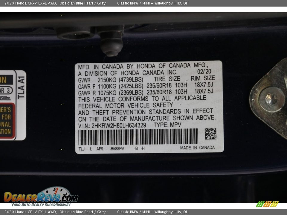 2020 Honda CR-V EX-L AWD Obsidian Blue Pearl / Gray Photo #23