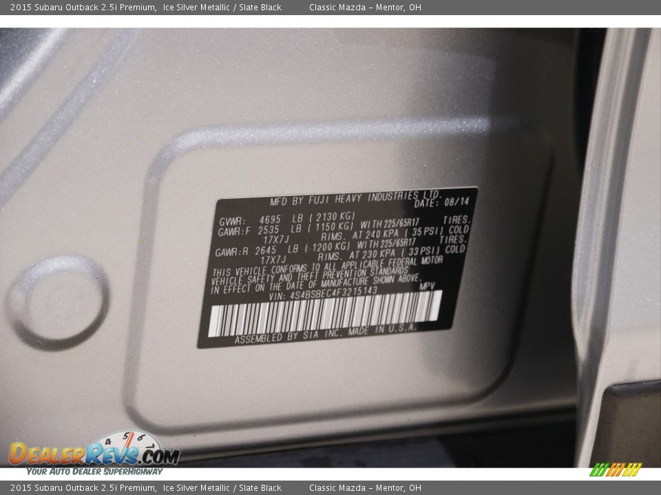 2015 Subaru Outback 2.5i Premium Ice Silver Metallic / Slate Black Photo #22