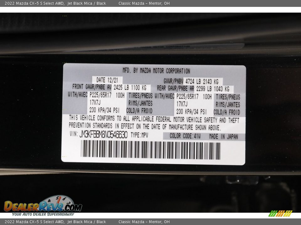 2022 Mazda CX-5 S Select AWD Jet Black Mica / Black Photo #21