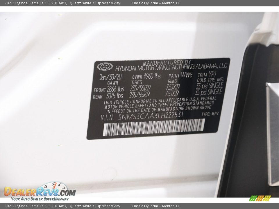 2020 Hyundai Santa Fe SEL 2.0 AWD Quartz White / Espresso/Gray Photo #20