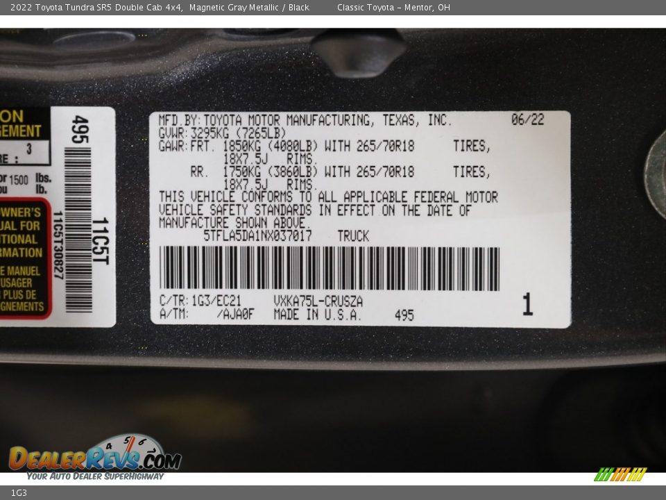 Toyota Color Code 1G3 Magnetic Gray Metallic