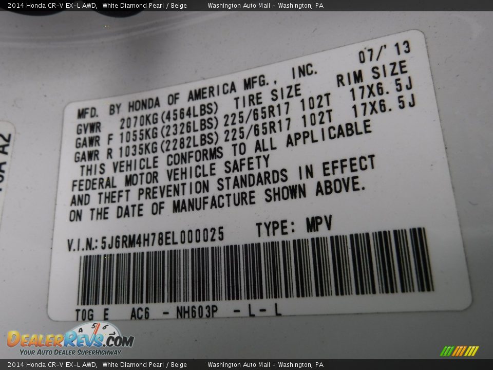 2014 Honda CR-V EX-L AWD White Diamond Pearl / Beige Photo #31