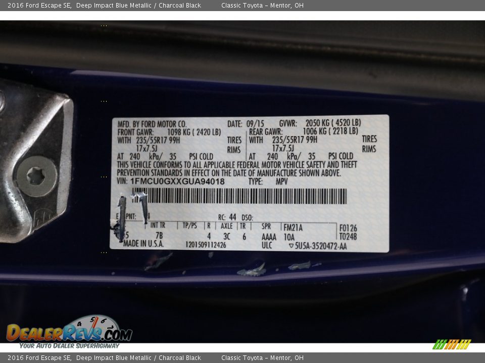 2016 Ford Escape SE Deep Impact Blue Metallic / Charcoal Black Photo #21