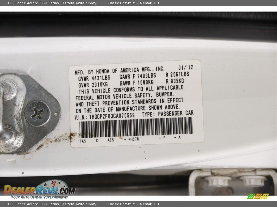 2012 Honda Accord EX-L Sedan Taffeta White / Ivory Photo #20