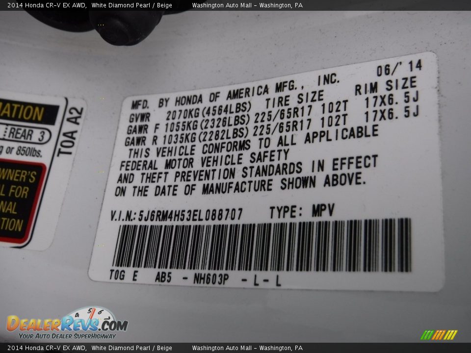 2014 Honda CR-V EX AWD White Diamond Pearl / Beige Photo #28