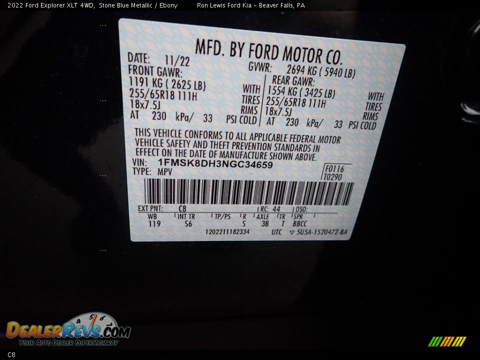 Ford Color Code C8 Stone Blue Metallic