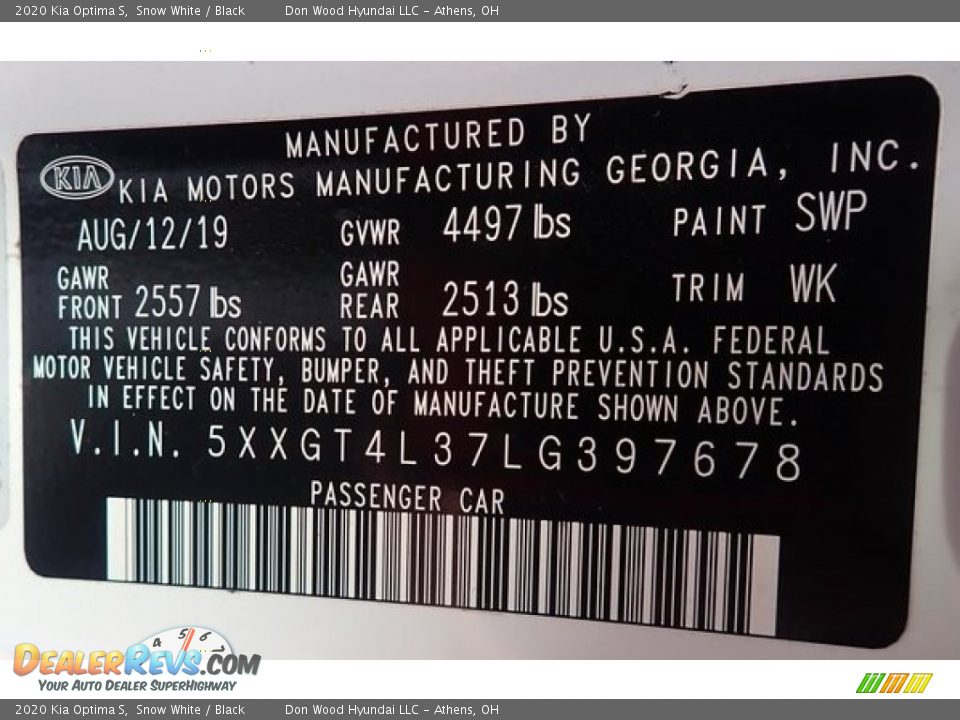 2020 Kia Optima S Snow White / Black Photo #35