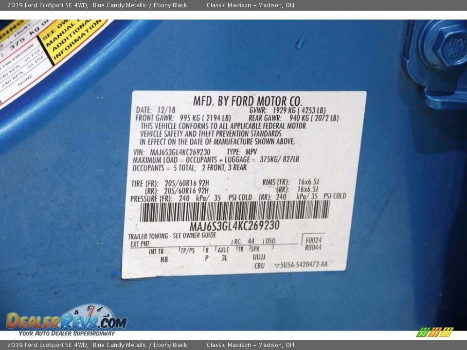 2019 Ford EcoSport SE 4WD Blue Candy Metallic / Ebony Black Photo #21