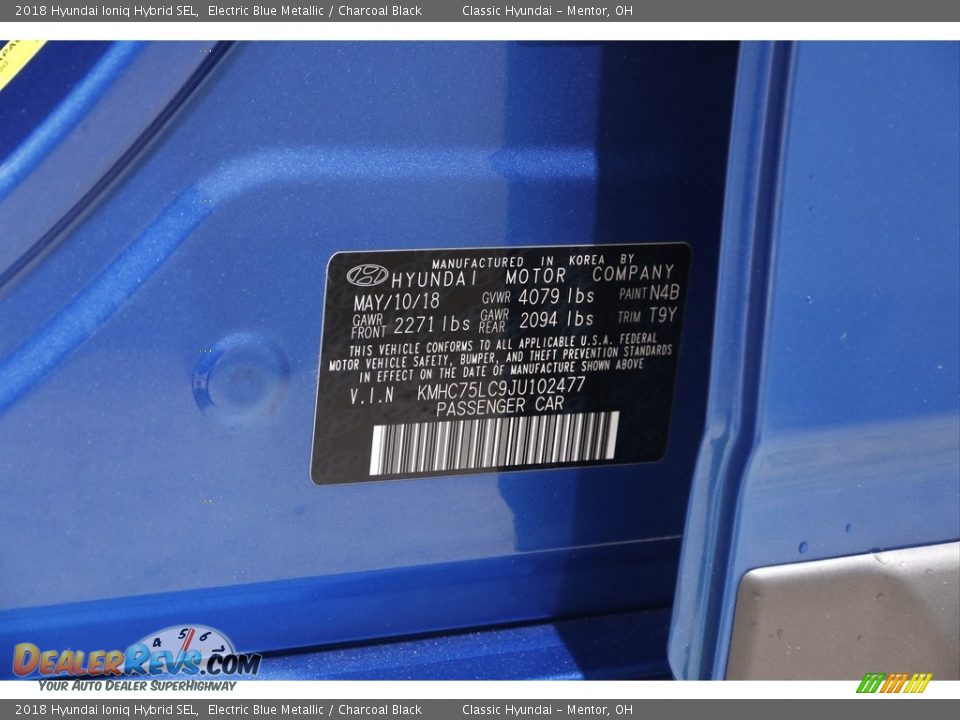 2018 Hyundai Ioniq Hybrid SEL Electric Blue Metallic / Charcoal Black Photo #21