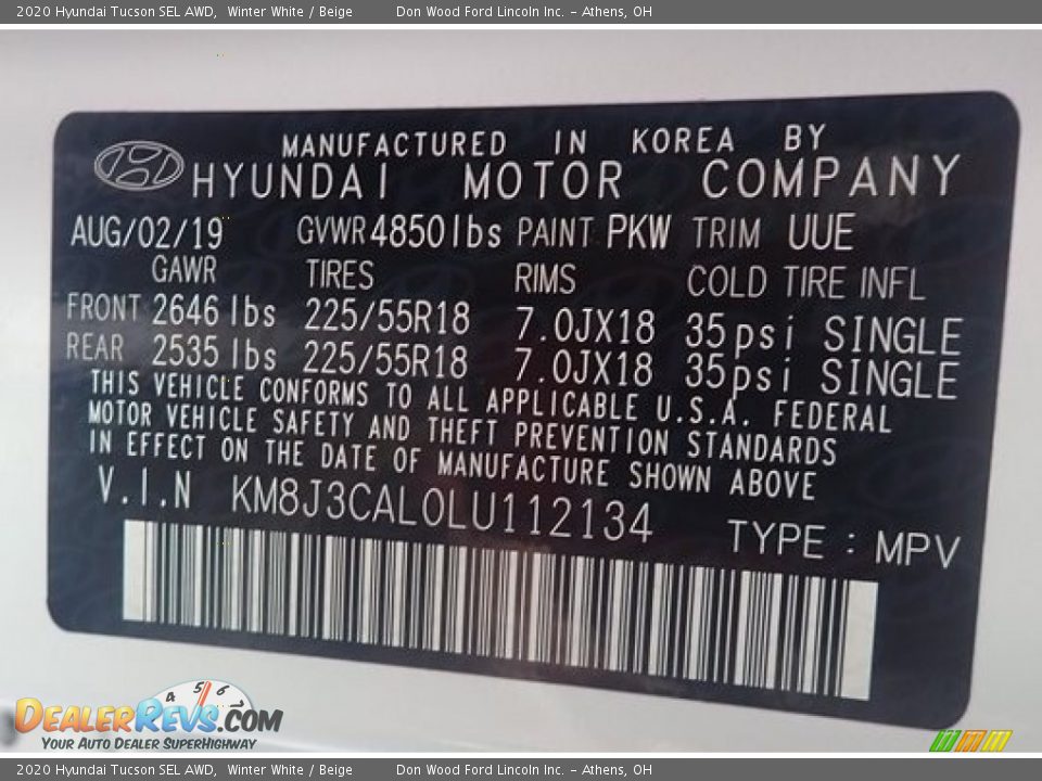 2020 Hyundai Tucson SEL AWD Winter White / Beige Photo #36