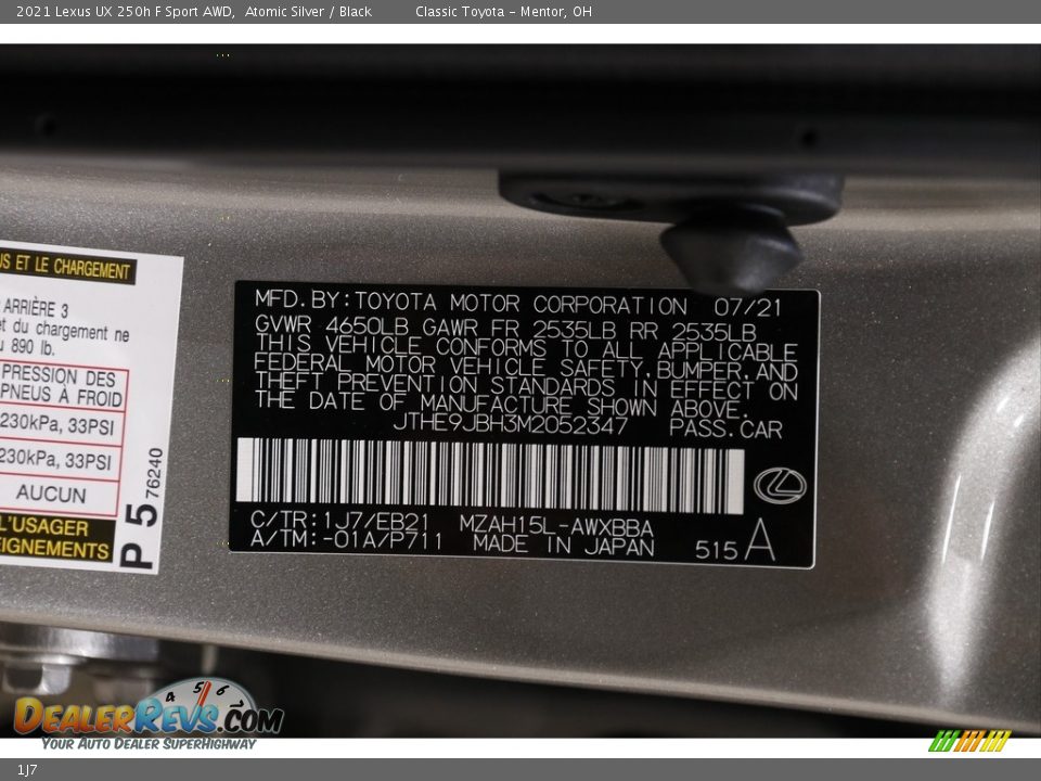 Lexus Color Code 1J7 Atomic Silver