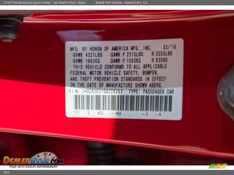 Honda Color Code R94 San Marino Red