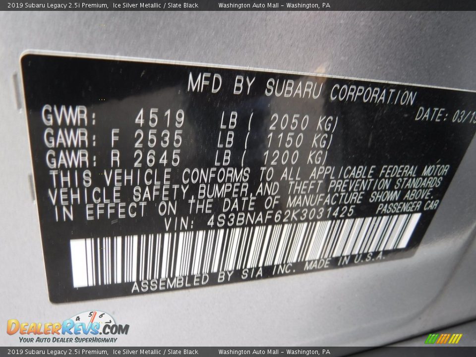 2019 Subaru Legacy 2.5i Premium Ice Silver Metallic / Slate Black Photo #26