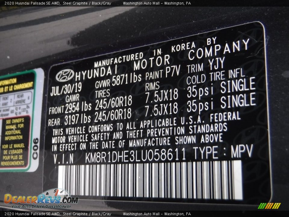 2020 Hyundai Palisade SE AWD Steel Graphite / Black/Gray Photo #29