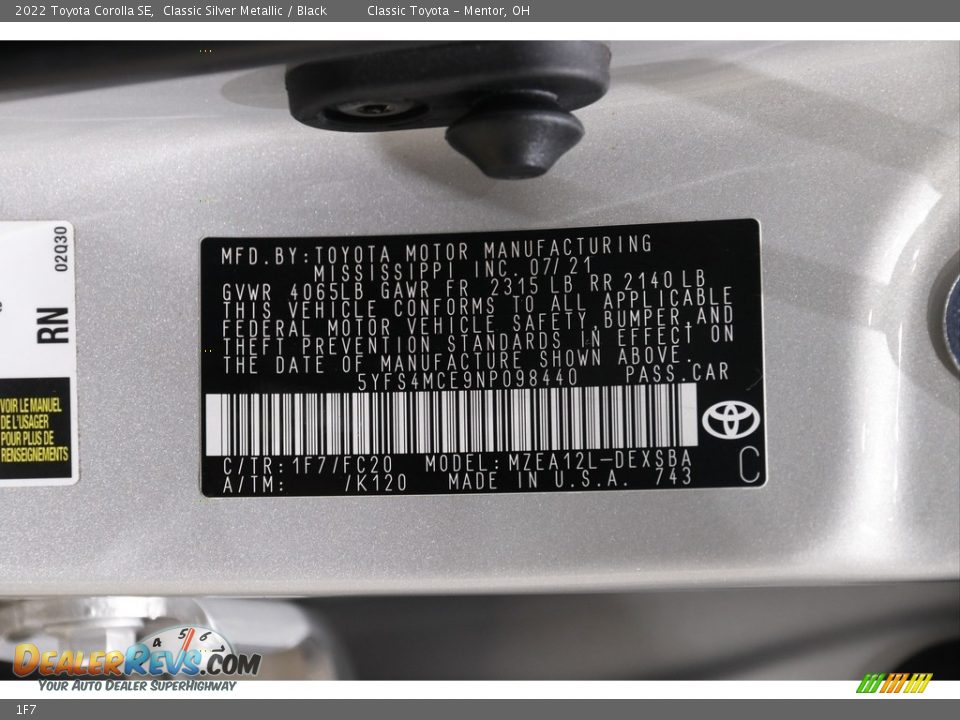 Toyota Color Code 1F7 Classic Silver Metallic