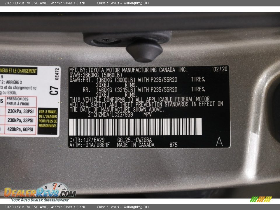 2020 Lexus RX 350 AWD Atomic Silver / Black Photo #24
