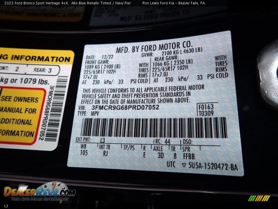 Ford Color Code L3 Alto Blue Metallic Tinted