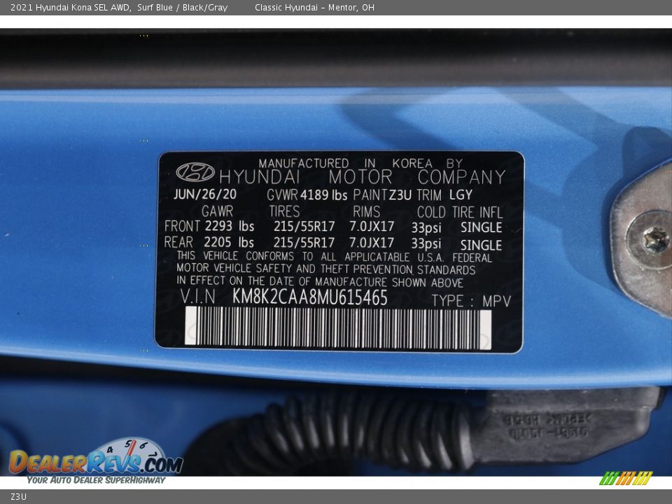 Hyundai Color Code Z3U Surf Blue