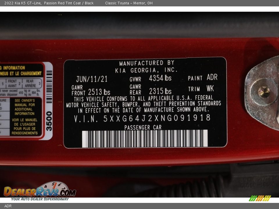 Kia Color Code ADR Passion Red Tint Coat