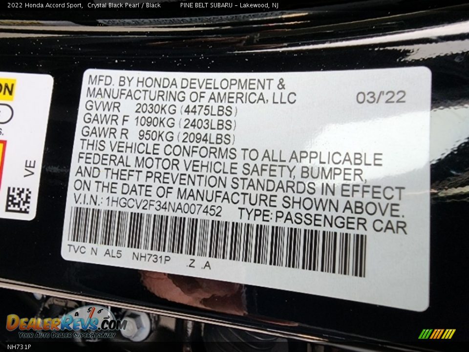 Honda Color Code NH731P Crystal Black Pearl