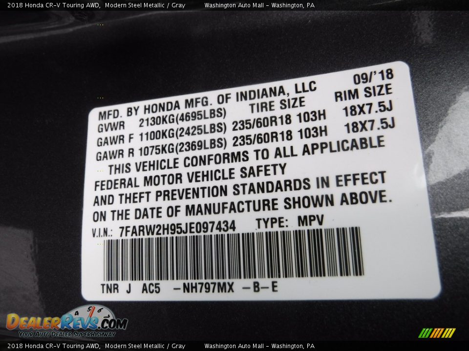 2018 Honda CR-V Touring AWD Modern Steel Metallic / Gray Photo #35