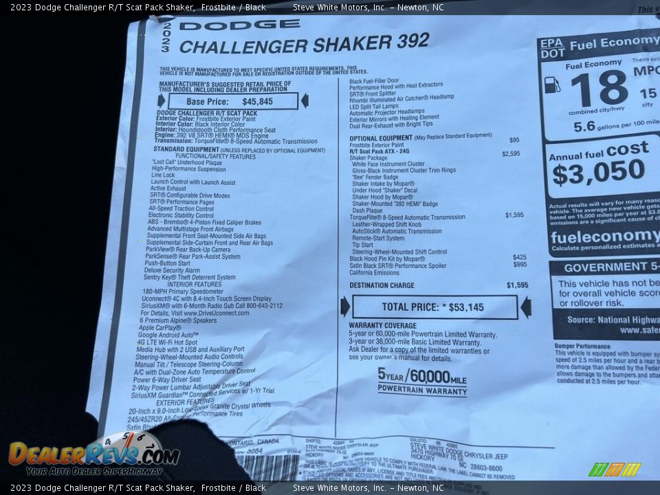 2023 Dodge Challenger R/T Scat Pack Shaker Window Sticker Photo #27