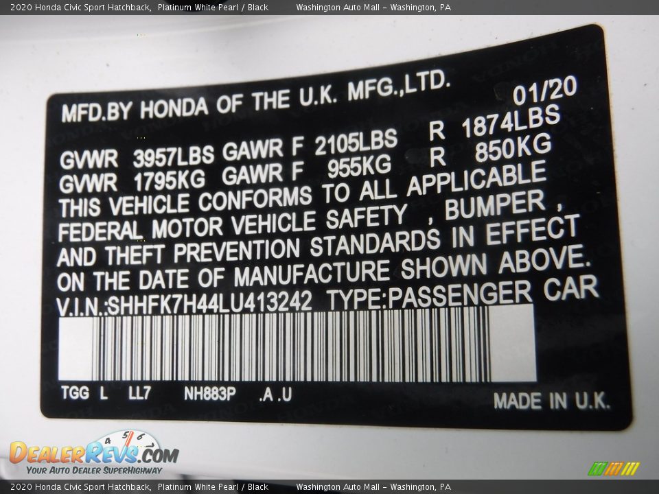 2020 Honda Civic Sport Hatchback Platinum White Pearl / Black Photo #29
