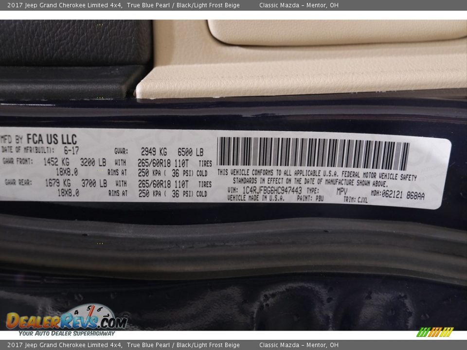 2017 Jeep Grand Cherokee Limited 4x4 True Blue Pearl / Black/Light Frost Beige Photo #25