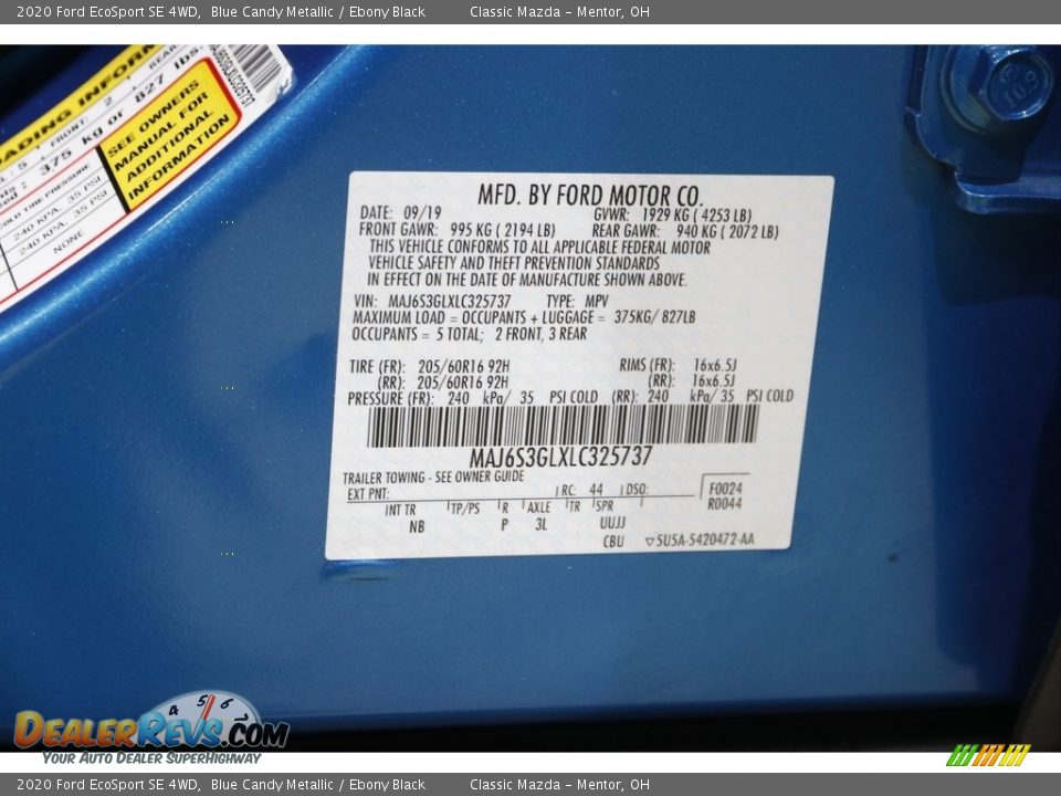 2020 Ford EcoSport SE 4WD Blue Candy Metallic / Ebony Black Photo #21