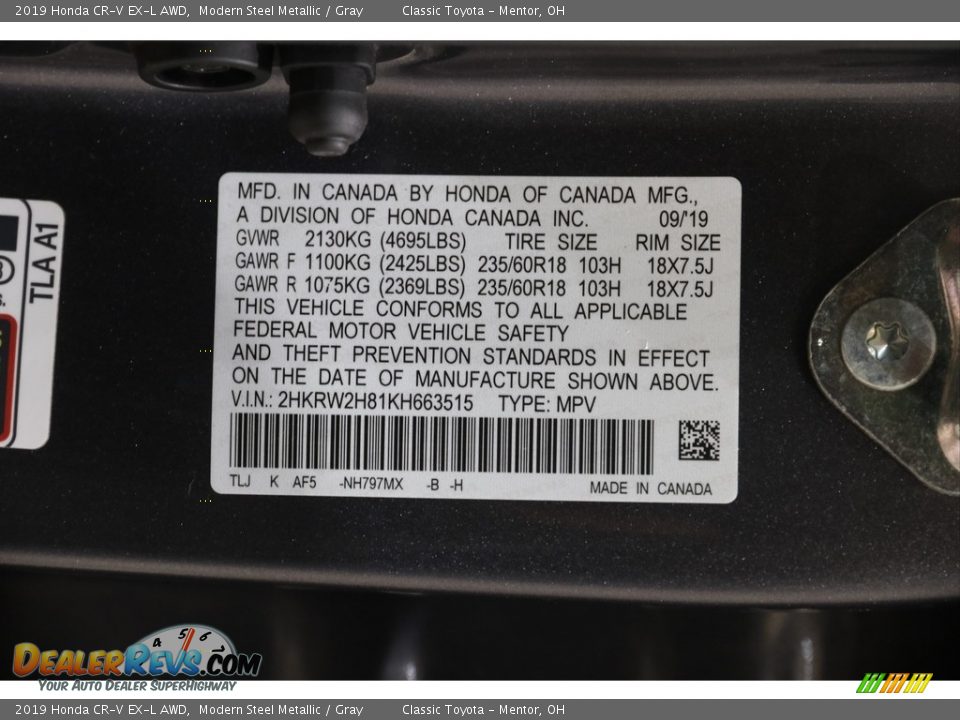 2019 Honda CR-V EX-L AWD Modern Steel Metallic / Gray Photo #23