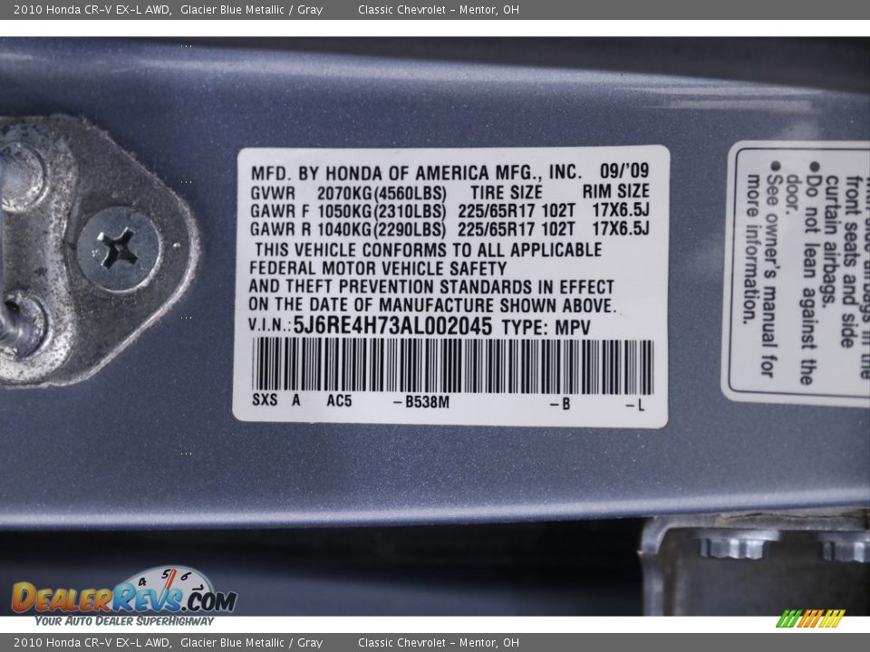 2010 Honda CR-V EX-L AWD Glacier Blue Metallic / Gray Photo #18