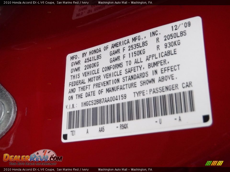 2010 Honda Accord EX-L V6 Coupe San Marino Red / Ivory Photo #29