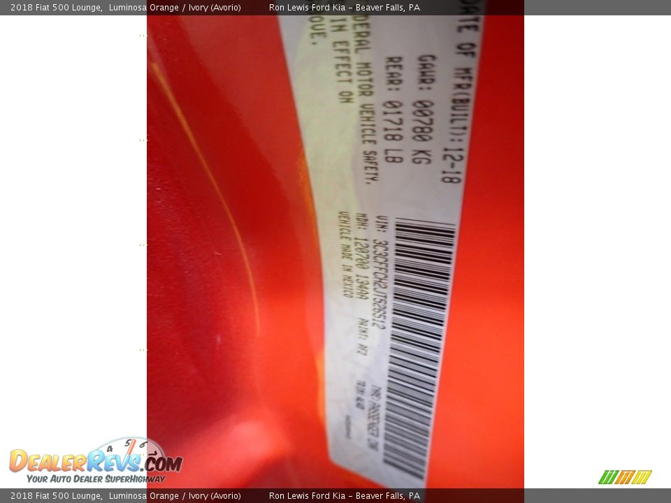 2018 Fiat 500 Lounge Luminosa Orange / Ivory (Avorio) Photo #20