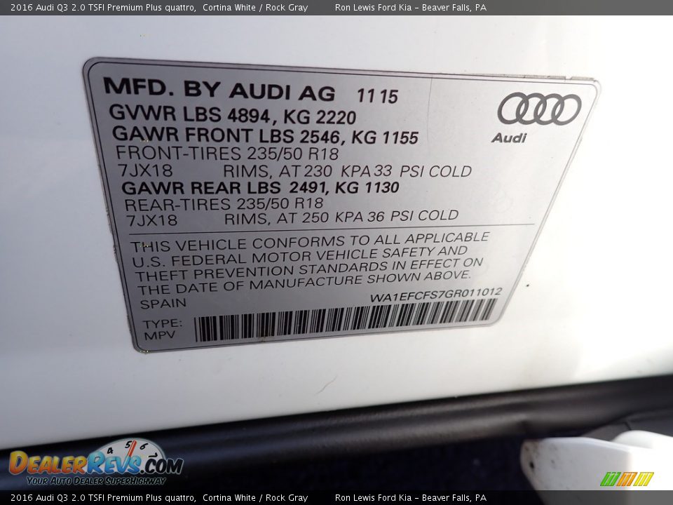2016 Audi Q3 2.0 TSFI Premium Plus quattro Cortina White / Rock Gray Photo #20