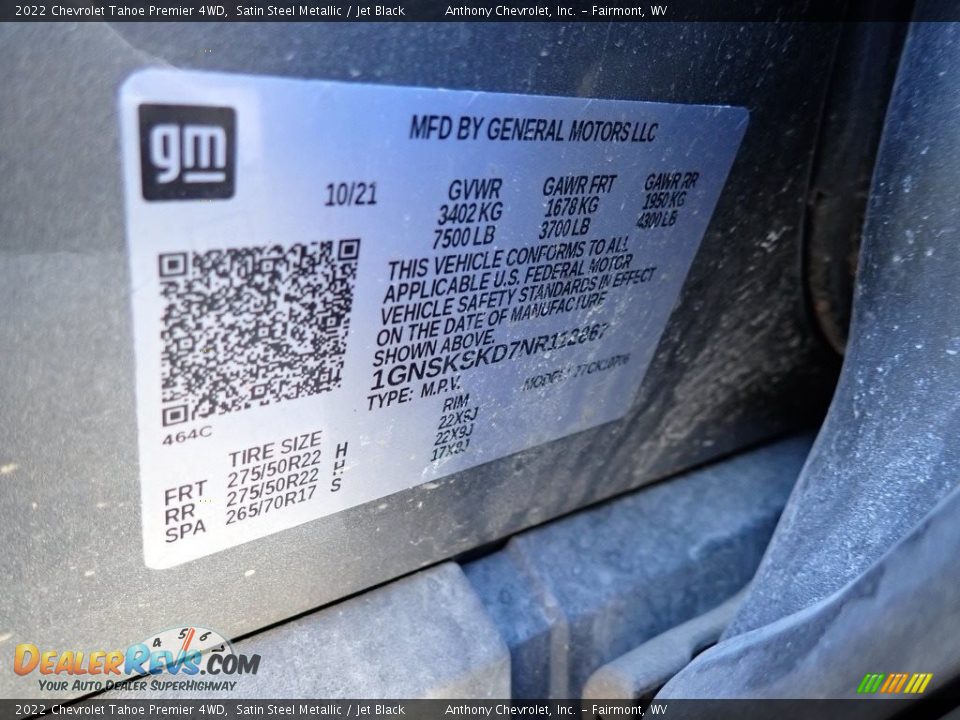 2022 Chevrolet Tahoe Premier 4WD Satin Steel Metallic / Jet Black Photo #15