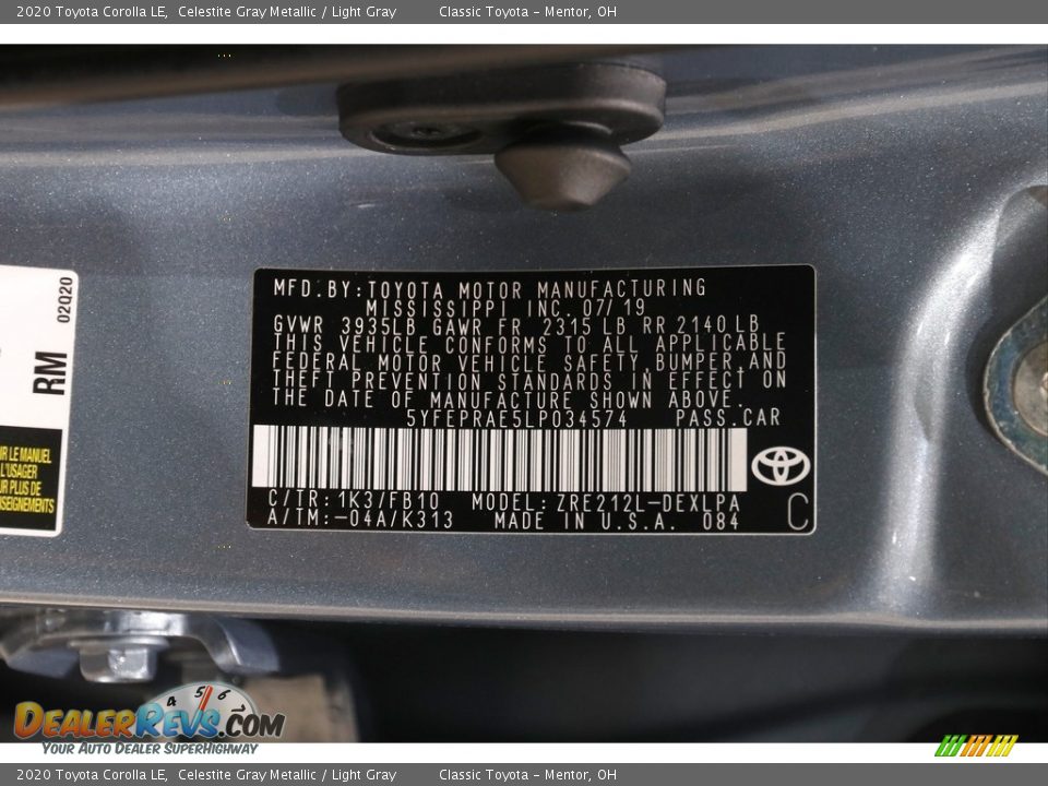 2020 Toyota Corolla LE Celestite Gray Metallic / Light Gray Photo #19
