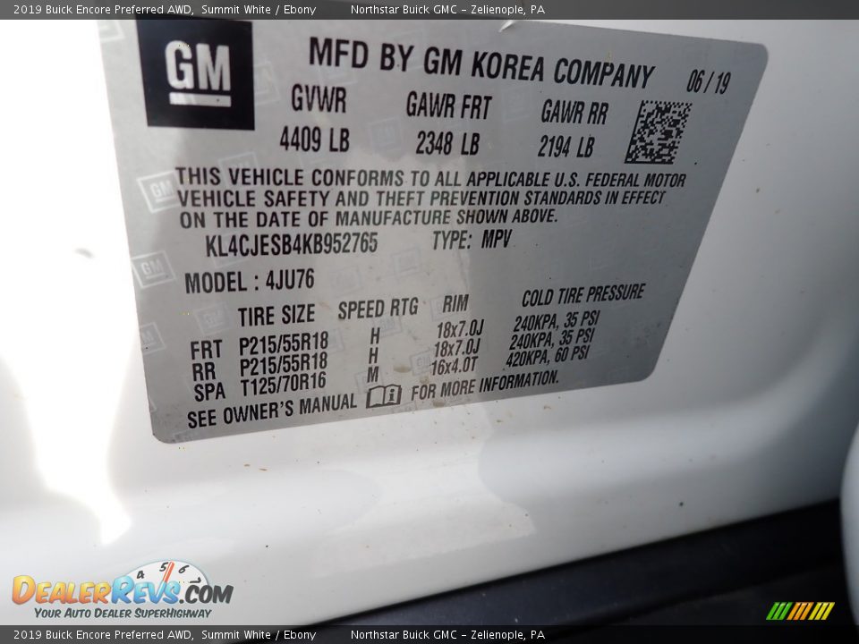 2019 Buick Encore Preferred AWD Summit White / Ebony Photo #30