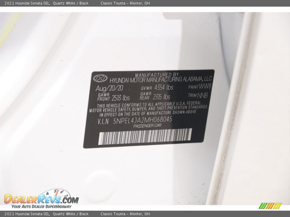 2021 Hyundai Sonata SEL Quartz White / Black Photo #20