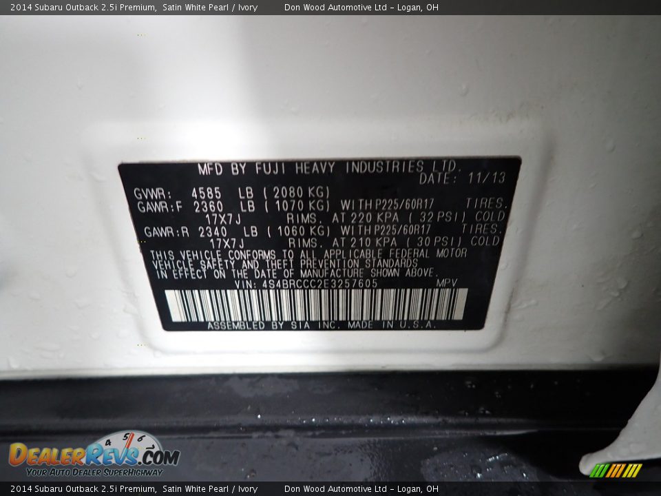 2014 Subaru Outback 2.5i Premium Satin White Pearl / Ivory Photo #31