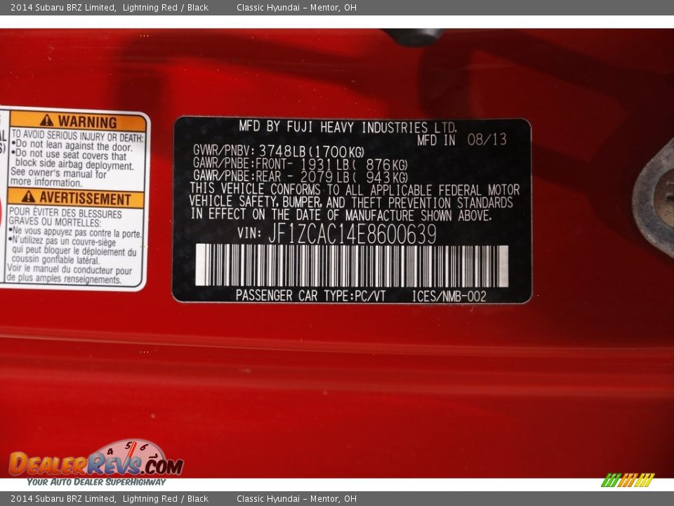 2014 Subaru BRZ Limited Lightning Red / Black Photo #21