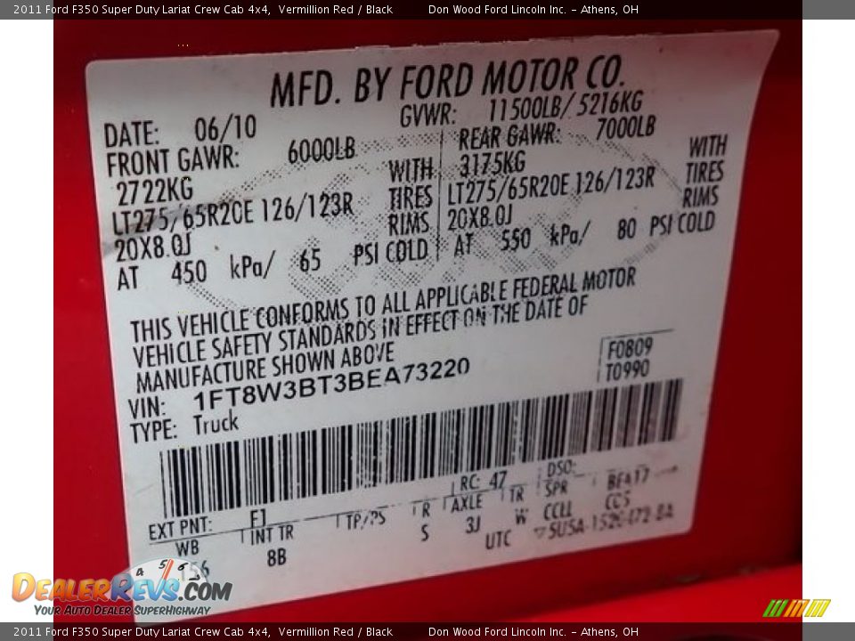 2011 Ford F350 Super Duty Lariat Crew Cab 4x4 Vermillion Red / Black Photo #18