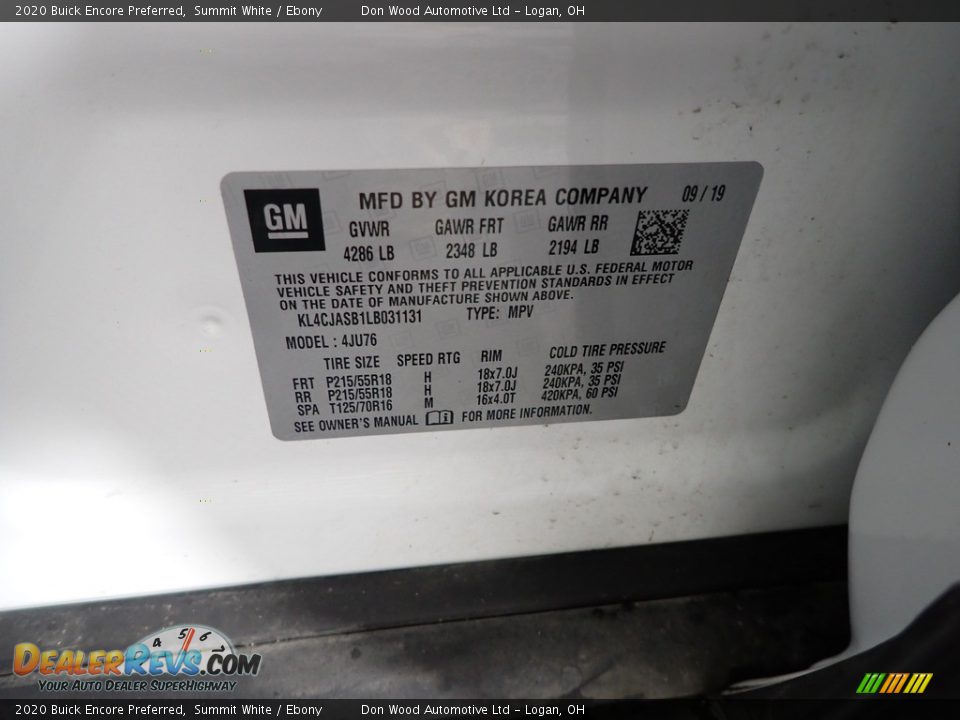 2020 Buick Encore Preferred Summit White / Ebony Photo #31