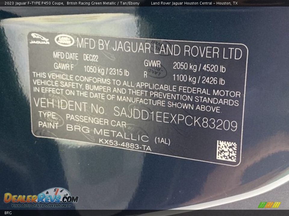 Jaguar Color Code BRG British Racing Green Metallic