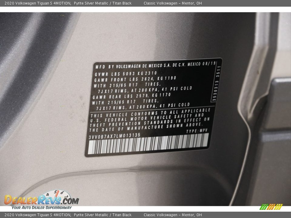 2020 Volkswagen Tiguan S 4MOTION Pyrite Silver Metallic / Titan Black Photo #20