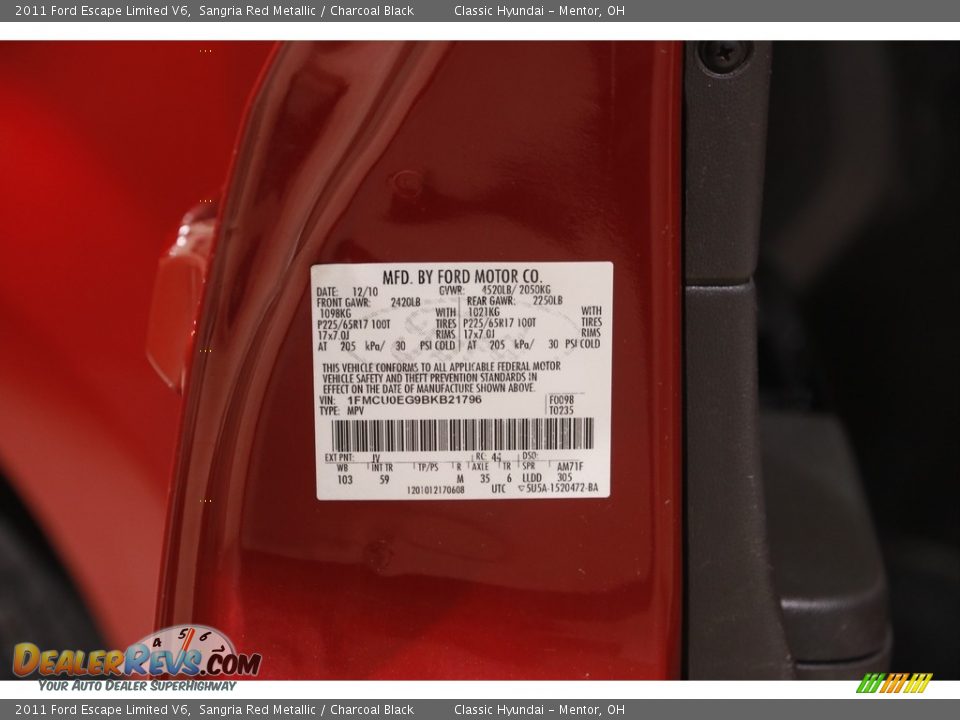 2011 Ford Escape Limited V6 Sangria Red Metallic / Charcoal Black Photo #20