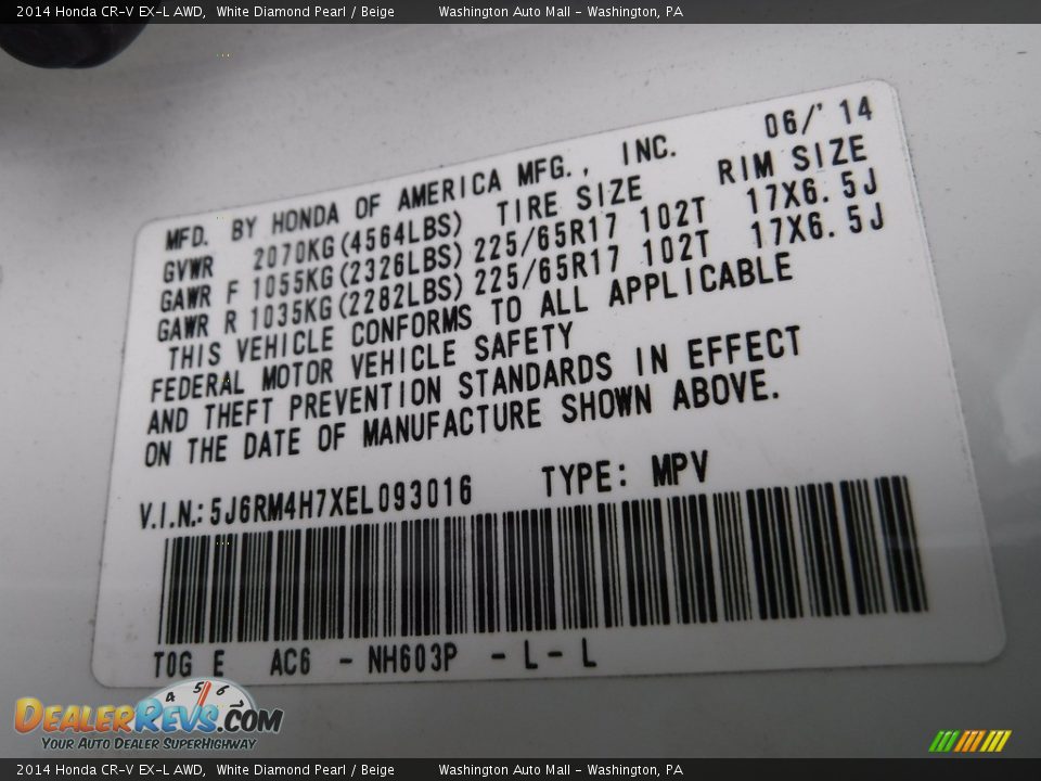 2014 Honda CR-V EX-L AWD White Diamond Pearl / Beige Photo #29