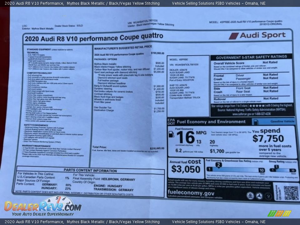 2020 Audi R8 V10 Performance Window Sticker Photo #12