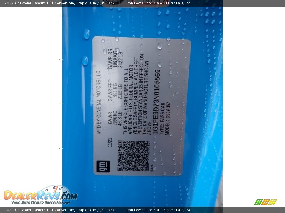 2022 Chevrolet Camaro LT1 Convertible Rapid Blue / Jet Black Photo #20