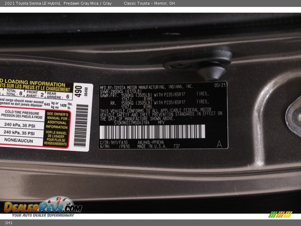 Toyota Color Code 1H1 Predawn Gray Mica